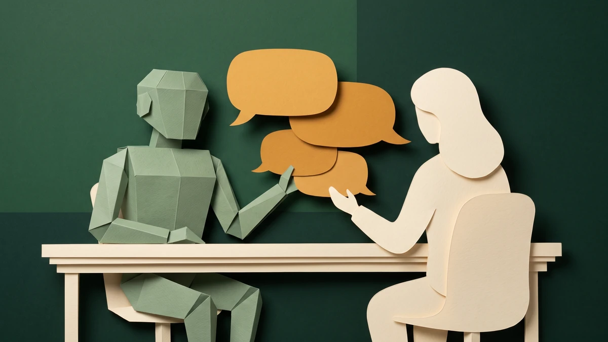 Ilustrasi kolaborasi antara chatbot AI dan staf customer service manusia yang saling melengkapi