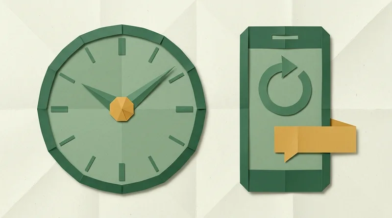 Ilustrasi jam dan ponsel dengan balasan otomatis WhatsApp yang terkirim di luar jam kerja