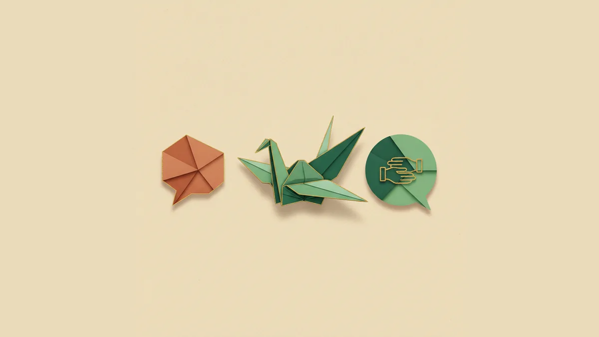 Ilustrasi origami alur chat pelanggan marah menjadi respons tenang dan serah terima manusia