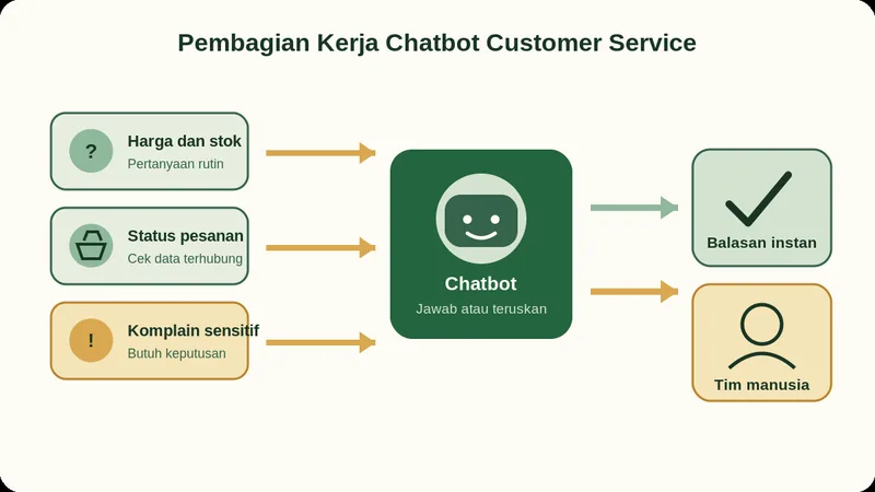 Diagram pembagian kerja chatbot customer service untuk pertanyaan rutin, status pesanan, dan komplain sensitif