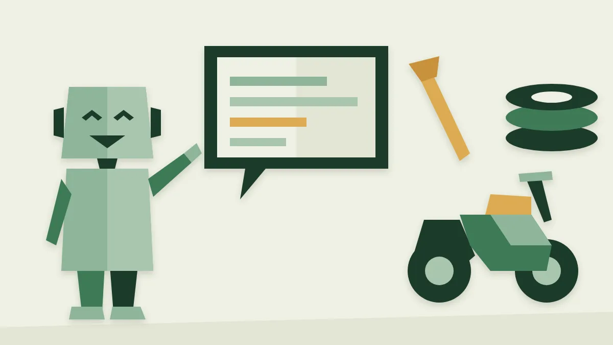 Ilustrasi vektor datar robot chatbot di samping balon chat, motor, kunci pas, dan tumpukan ban