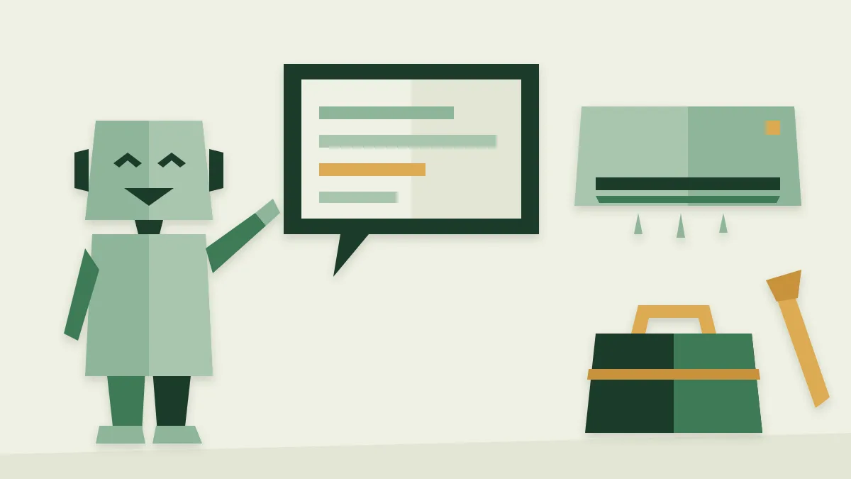 Ilustrasi vektor datar robot chatbot di samping balon chat, unit AC, kotak perkakas, dan kunci pas