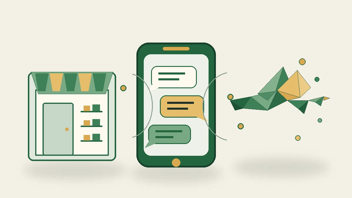 Ilustrasi pemilik UMKM melayani banyak chat pelanggan dibantu chatbot AI