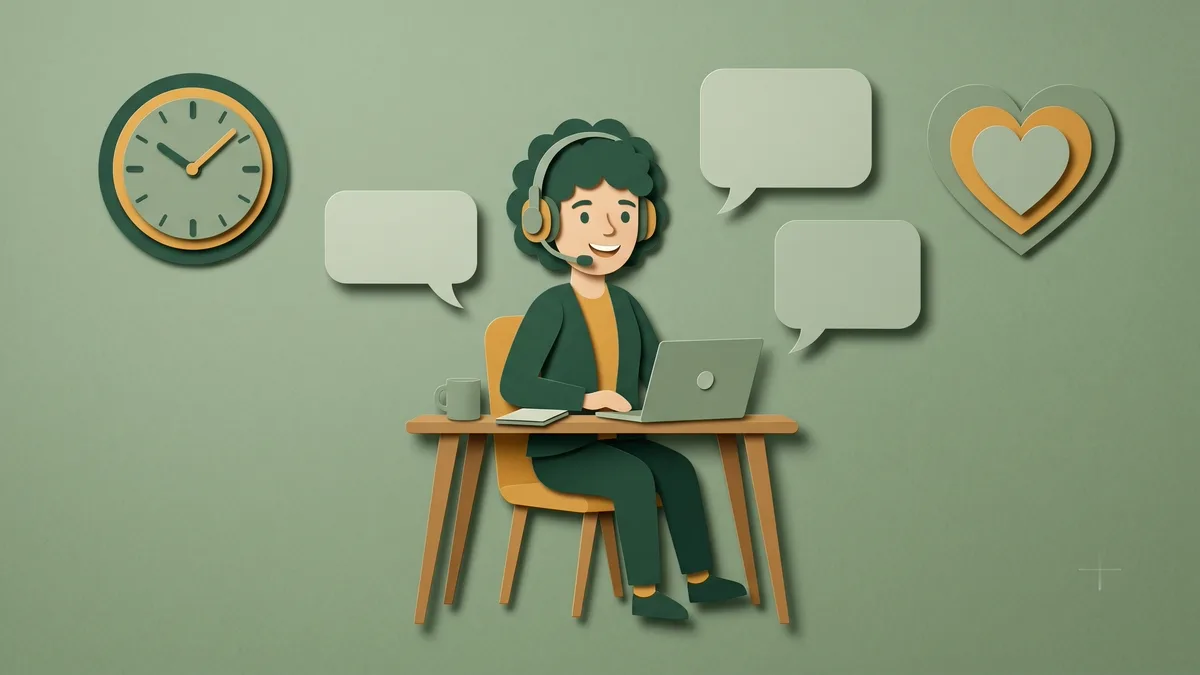 Ilustrasi konsep seorang customer service representative melayani pelanggan lewat chat, telepon, dan email