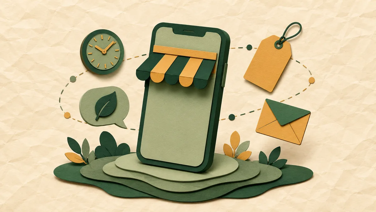 Ilustrasi fitur WhatsApp Business: profil, katalog, dan pesan otomatis di layar ponsel