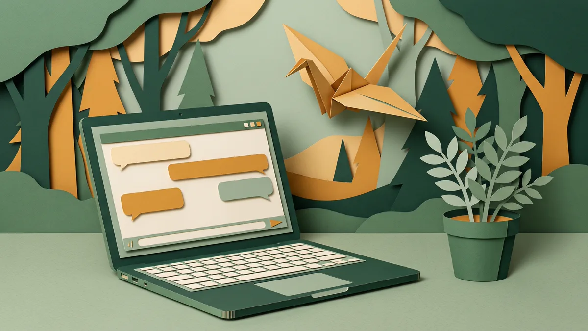 Ilustrasi WhatsApp Business Web terbuka di layar komputer dengan panel chat pelanggan di sampingnya