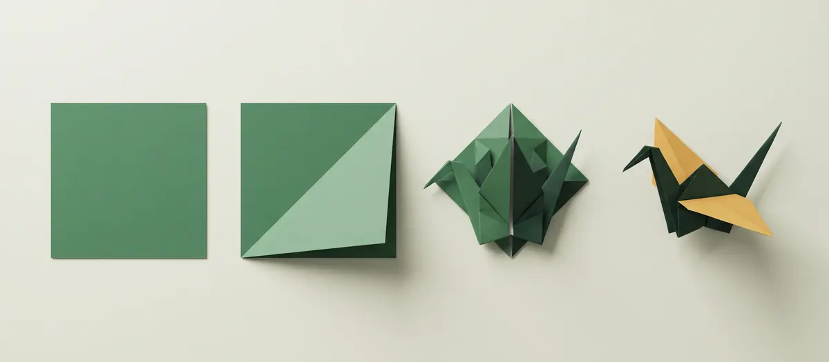 Ilustrasi origami empat tahap: selembar kertas persegi, kertas dengan satu lipatan, bentuk dasar burung, lalu bangau kertas jadi dengan sayap amber