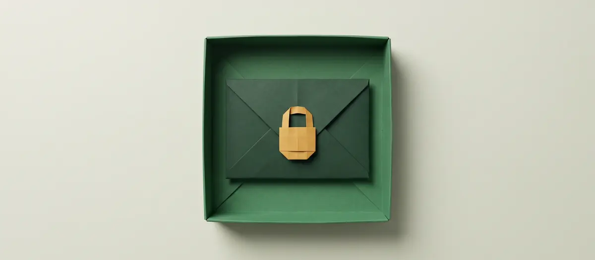 Ilustrasi origami: amplop kertas hijau tua bersegel gembok kertas amber di dalam kotak kertas, menggambarkan data bisnis yang tersimpan aman