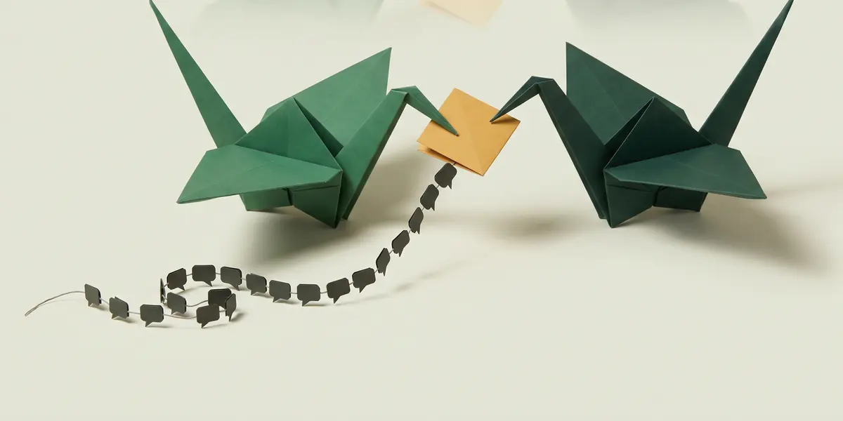 Ilustrasi origami: dua bangau kertas hijau saling menyerahkan catatan kertas amber yang tersambung ke untaian balon chat kecil, menggambarkan serah terima percakapan beserta konteksnya