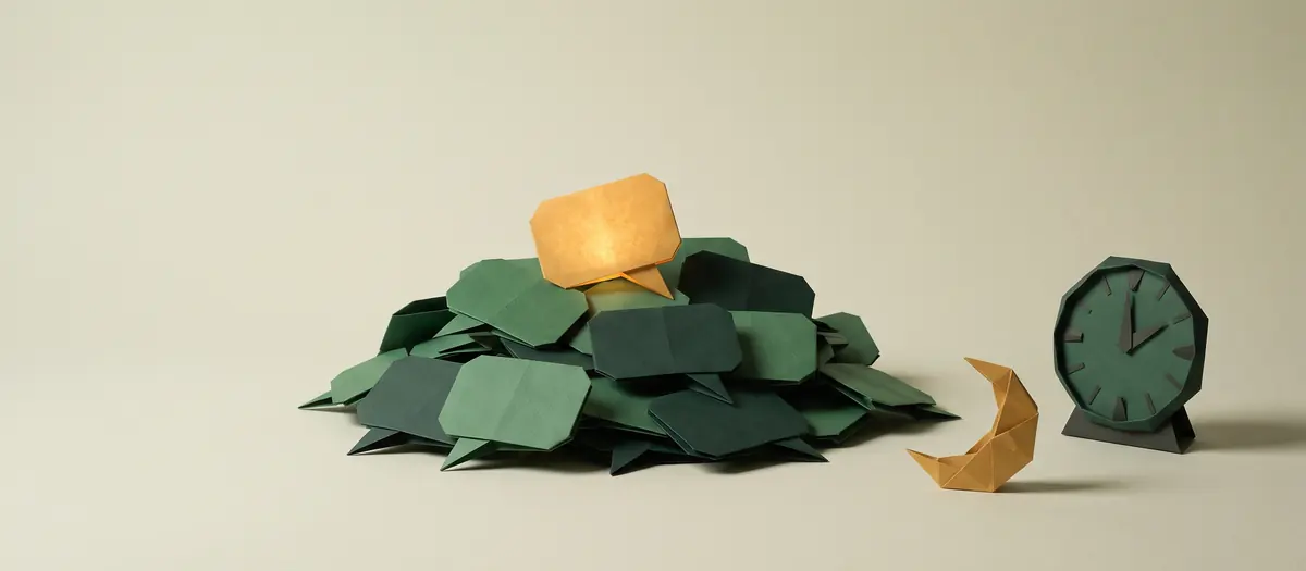 Ilustrasi origami: tumpukan balon chat kertas hijau yang belum dibalas di samping jam dan bulan sabit kertas, menggambarkan pesan pelanggan yang menunggu di luar jam kerja